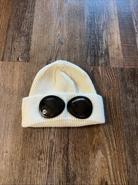 C.P. Company Kids Cream Beanie with Black Integrated Goggle Lenses